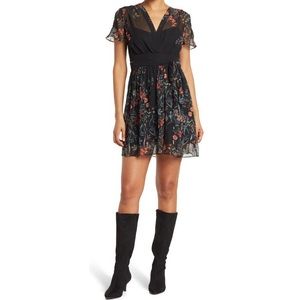 EUC REISS SADIE FLORAL TIE DRESS IN BLACK, SIZE 8 (UK 12)